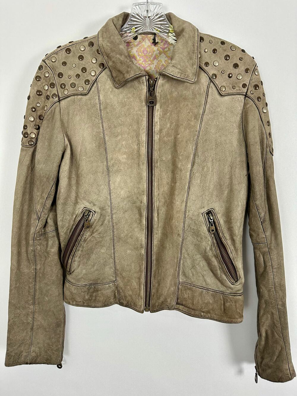 DOMA Lambskin Leather Moto Jacket Women L Tan Distressed Studded Biker Argentina